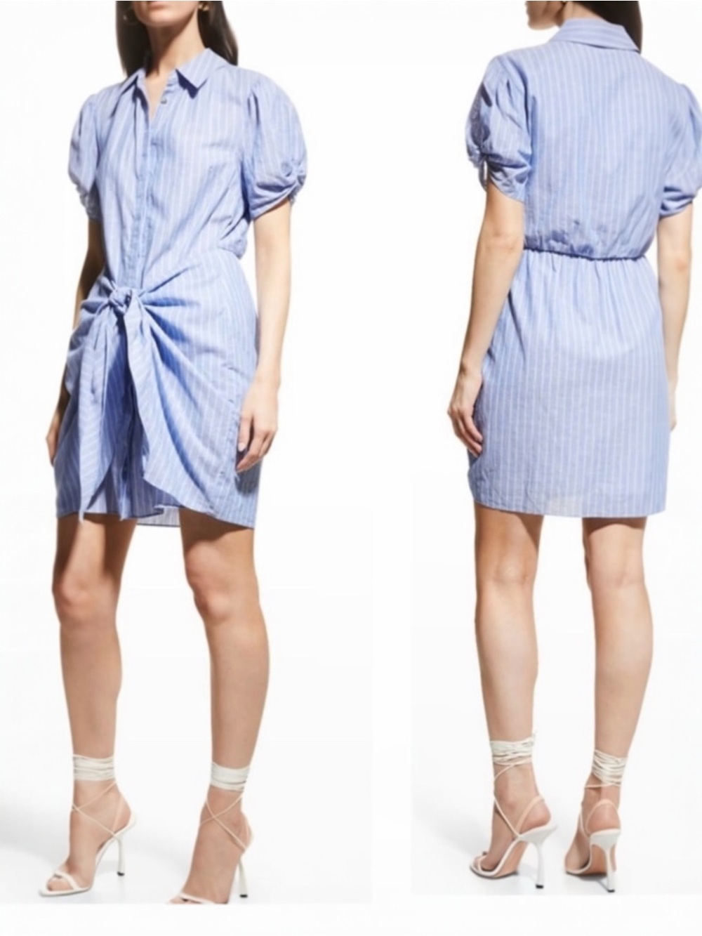 Cing a Sept Tira Linen Pinstripe Puffed Short Sleeve Self-Tie Waist Mini Dress